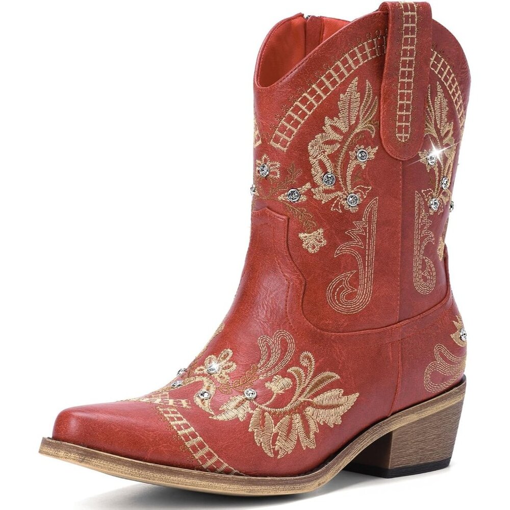 Women's Red Western Embroidered Cowgirl Boots Sparkly Rhinestone Pointed Toe